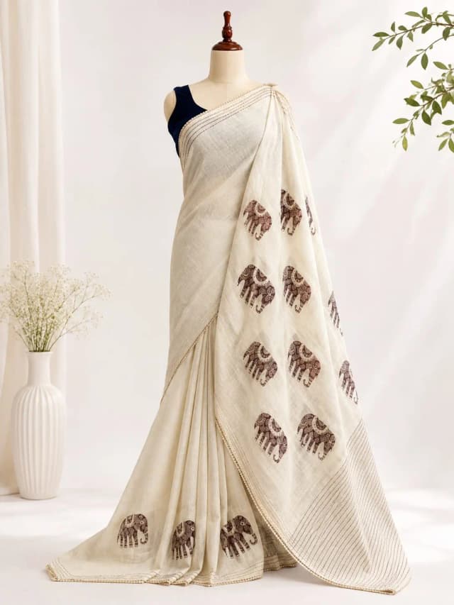 Semi Tussar Saree Baige Colour With Brown Aplic Work AA316479