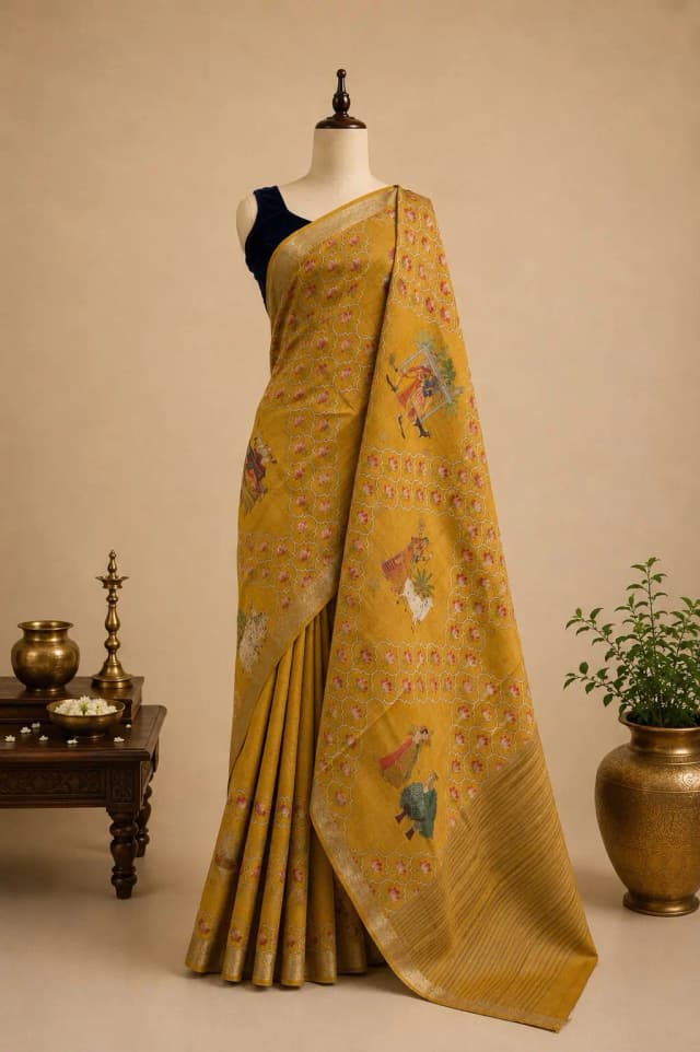 Pure Tussar Saree With Floral Print yellow Colour AA316947