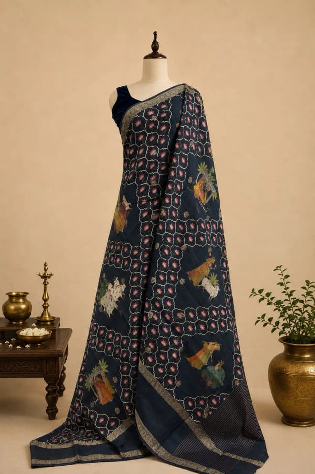 Pure Tussar Saree With Floral Print Black Colour AA316947