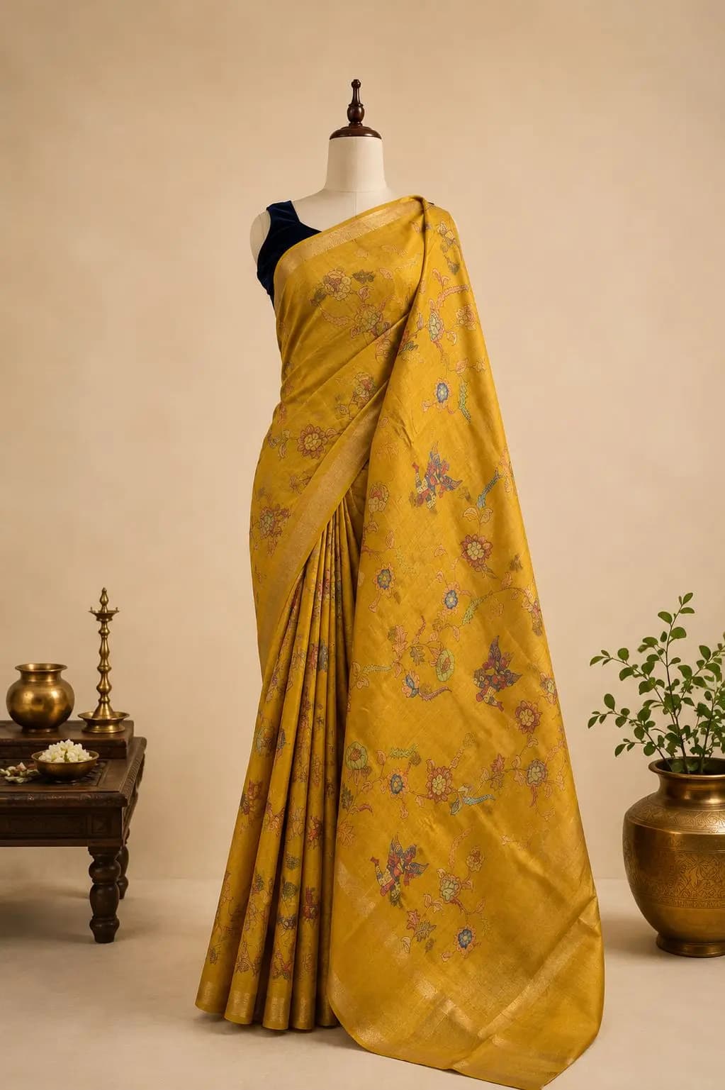 Pure Tussar Saree With Floral Print Mustard yellow Colour AA316947