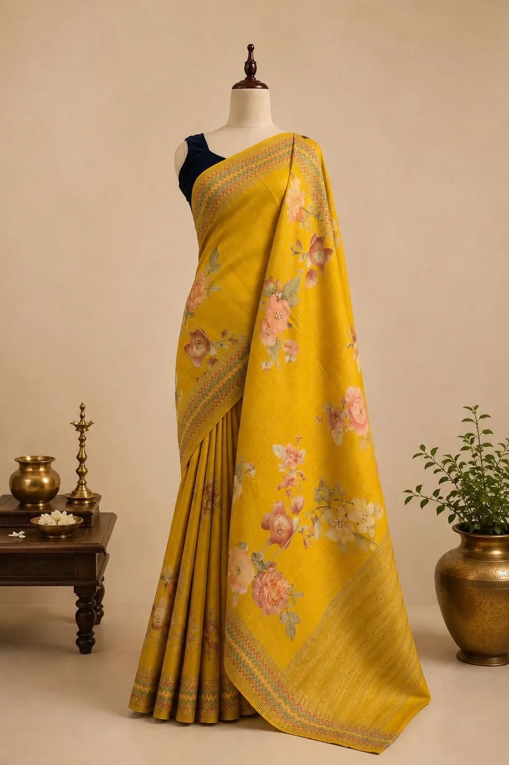 Pure Tussar Saree With Floral Print Mustard yellow Colour AA310758