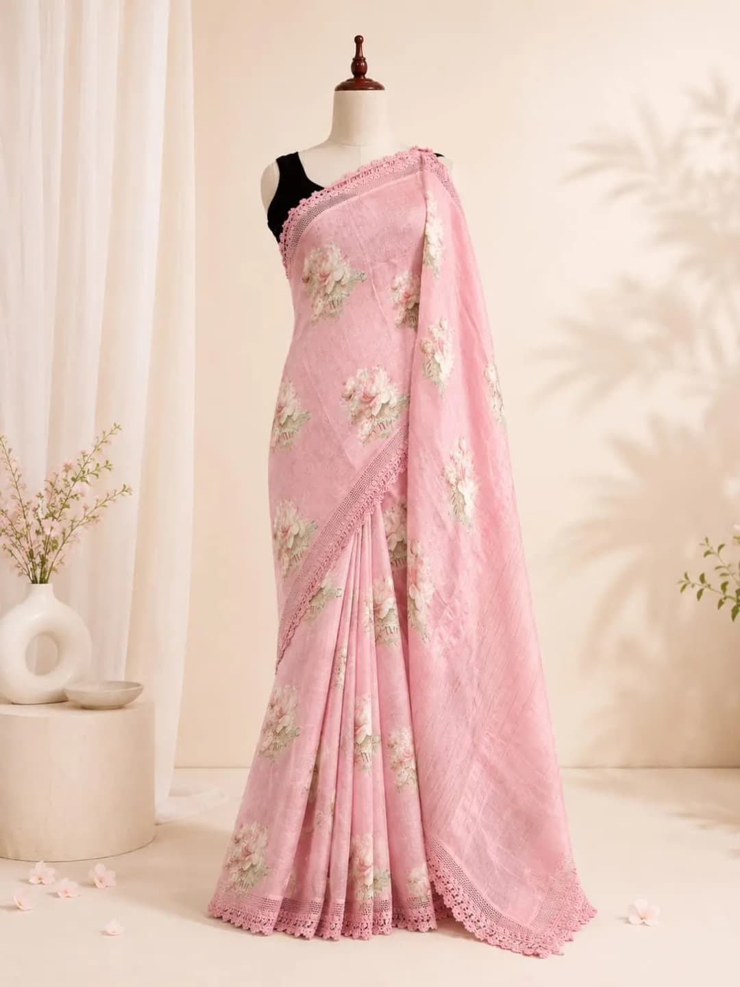 Pure Linen Saree With Lase Border Pink Colour AA317622
