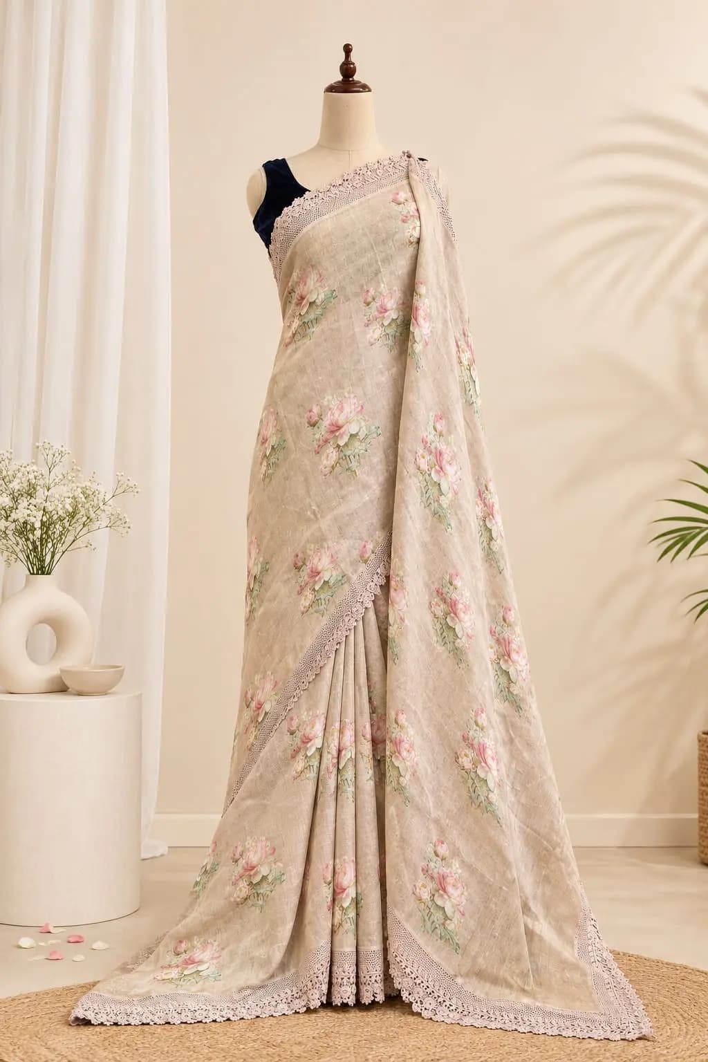 Pure Linen Saree With Lase Border Beige Colour AA317622