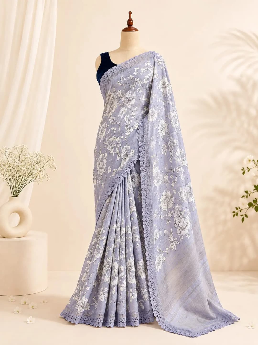 Pure Linen Saree With Lase Border Lavender Colour AA317622