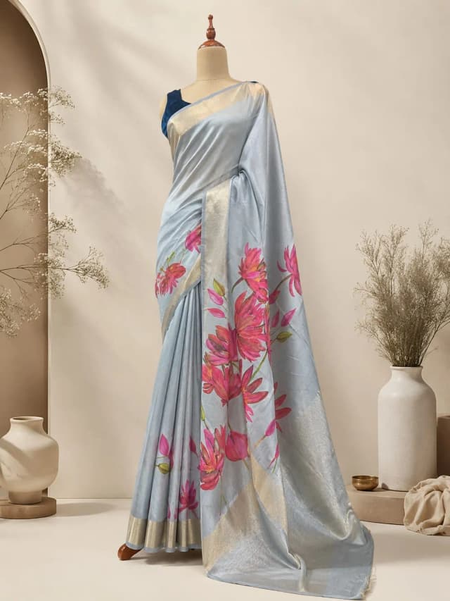 Semi Tussar Saree With Floral Print Grey Colour AA313412