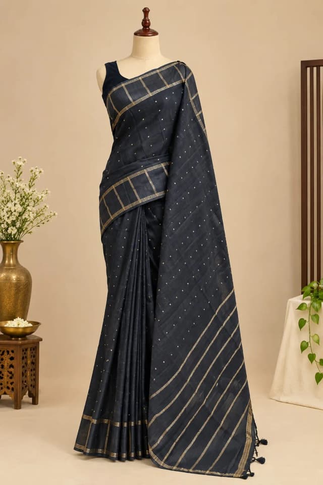 Semi Tussar Saree Black Colour AA317737
