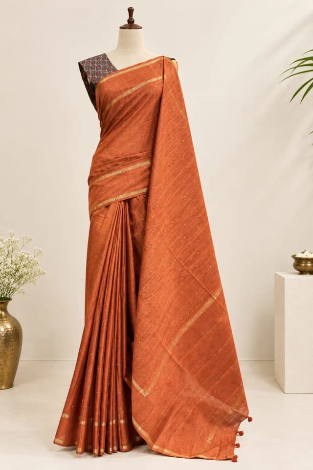 Semi Tussar Saree With Double Blouse Rust Orange Colour AA317700