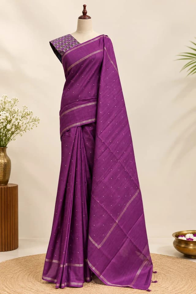 Semi Tussar Saree With Double Blouse Magenta Colour AA317700