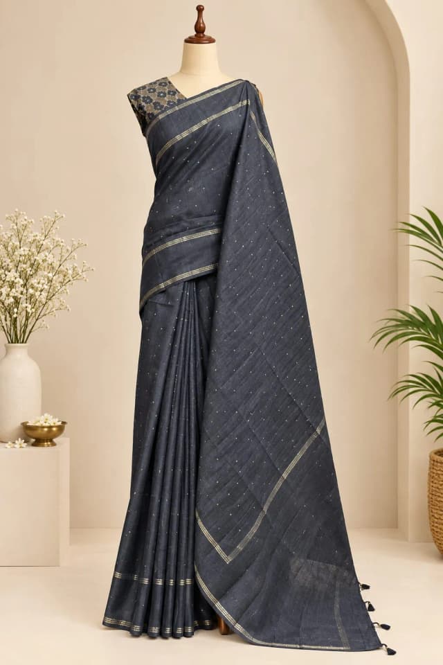 Semi Tussar Saree With Double Blouse Black Colour AA317700