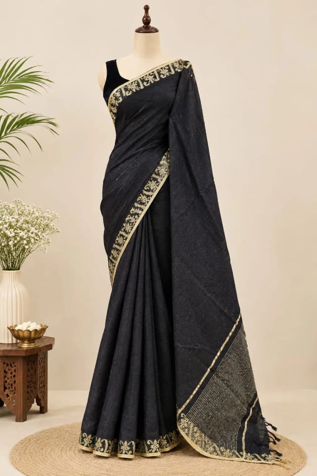 Linen Saree Black Colour AA317779