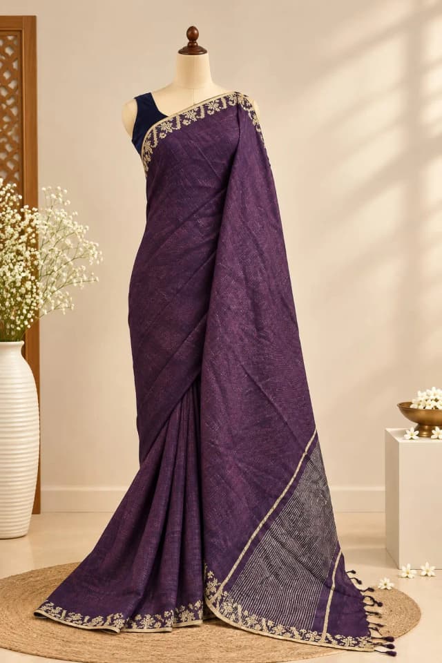 Linen Saree Wine Colour AA317779