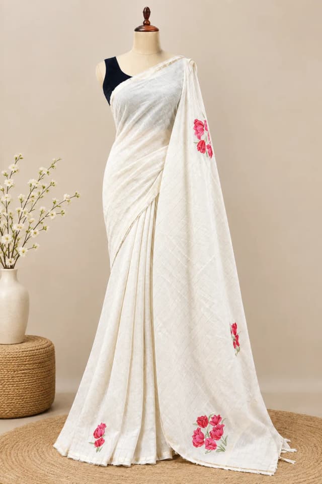 Off-White Saree Floral Embroidered AA317304