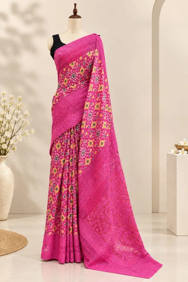 Pochampalli Saree With Malai Chanderi Border Pink Colour AA317771