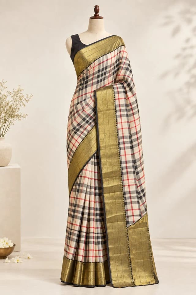 Pure Kanchipuram Burberry Checks Saree Off-White QS310215