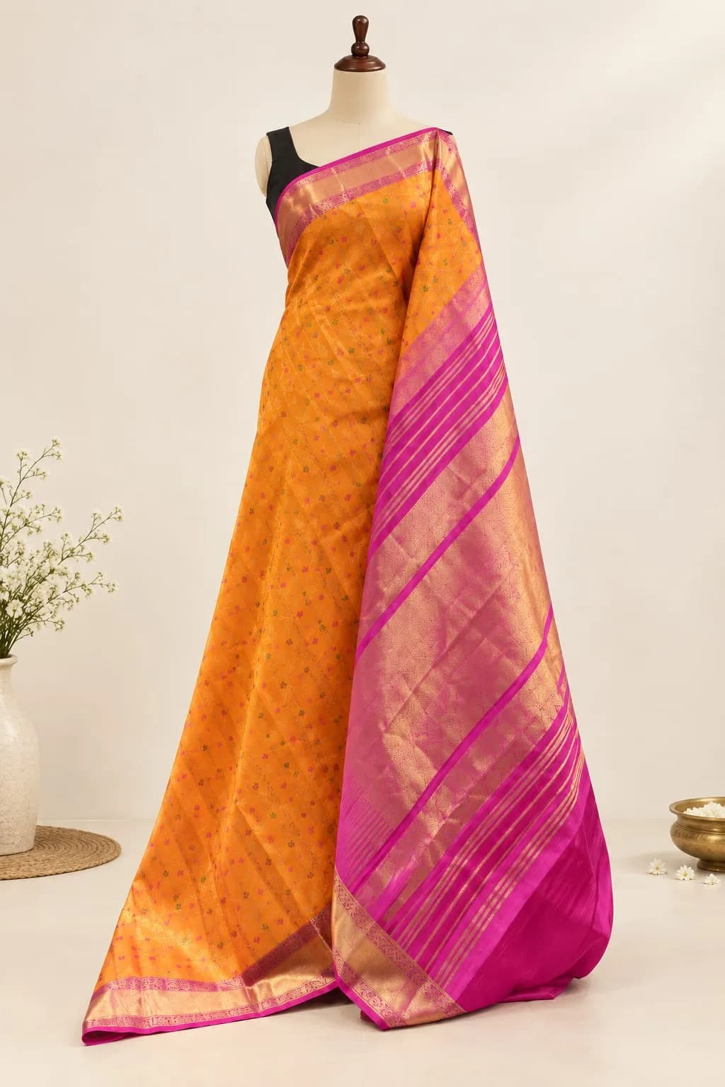 Pure Handloom Kanchipuram Meenakari Work Orange AA318249