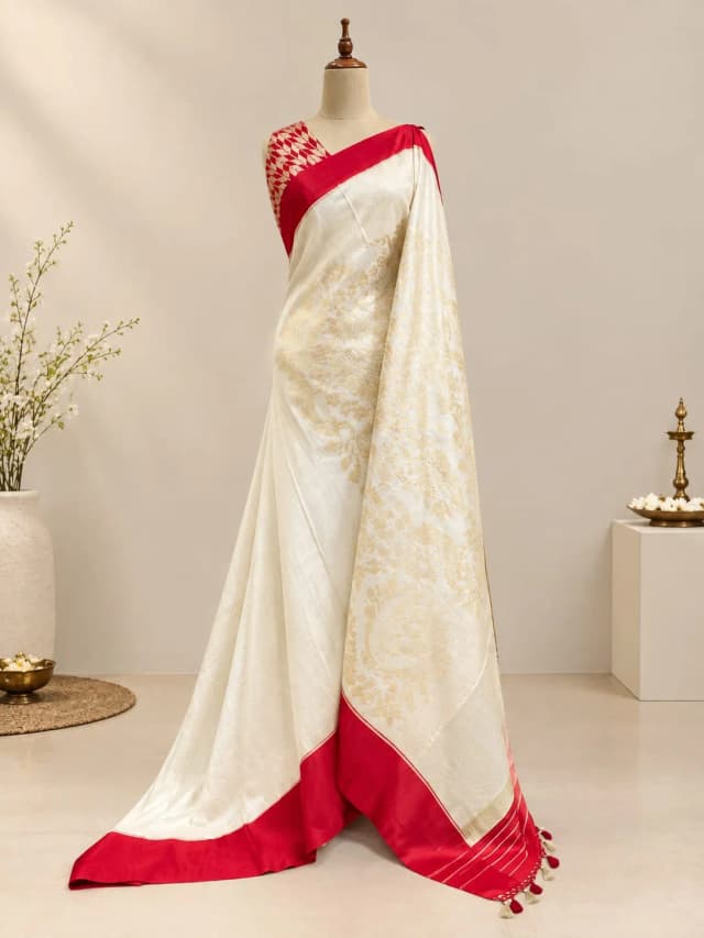 Pure Handloom Mashru Saree Off-White with Red Border AA314811