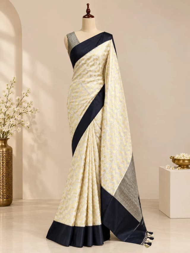 Pure Handloom Mashru Saree Off-White with Black Border AA314811