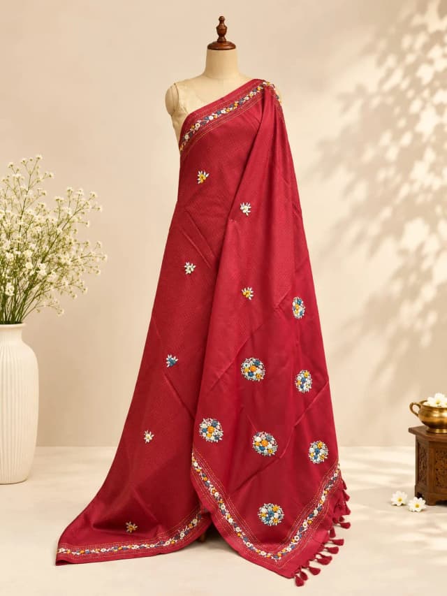 Pure Tussar Saree Kantha work Deep Red Colour AA318662