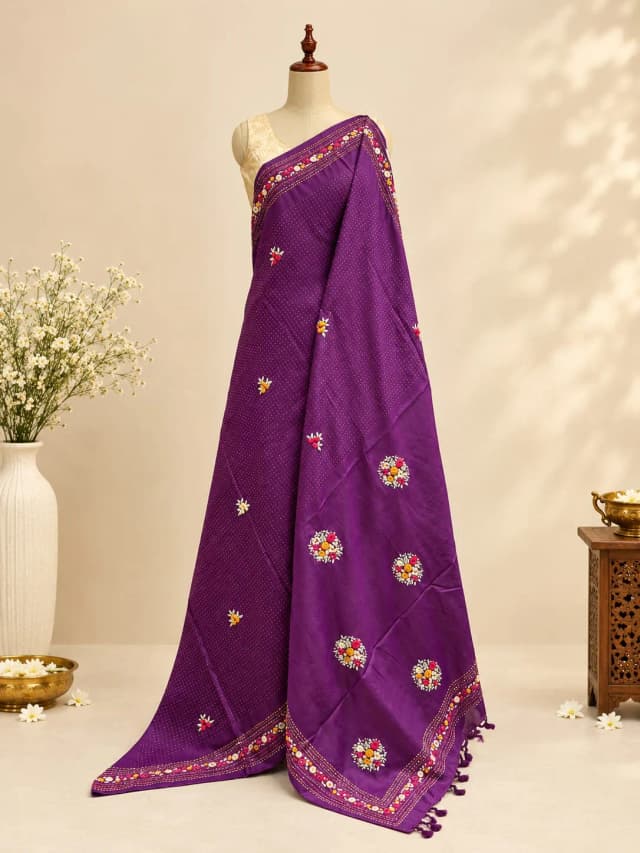 Pure Tussar Saree Kantha work Purple Colour AA318662