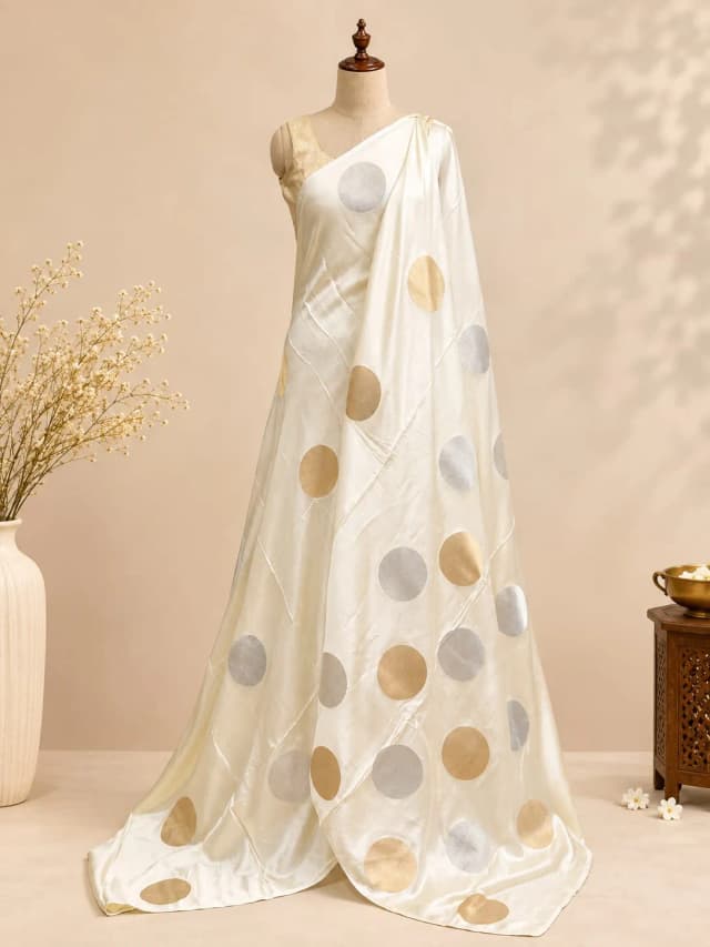 Satin Saree With Polka Dots Off-White Colour AA320208