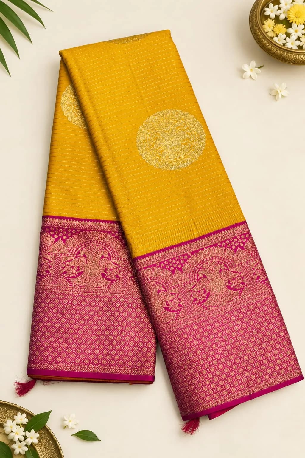 Pure kanchipuram Saree Yellow With Pink Border AS300892