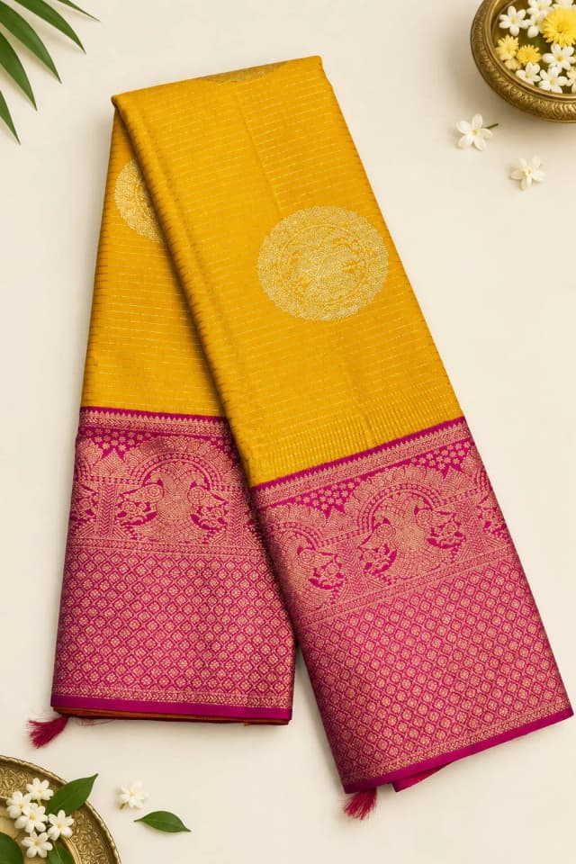 Pure kanchipuram Saree Yellow With Pink Border AS300892