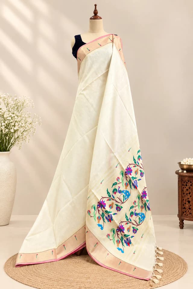 Semi Tussar Saree With paithani Border Off-Whit AA320070