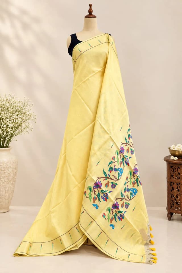 Semi Tussar Saree With paithani Border Yellow AA320070
