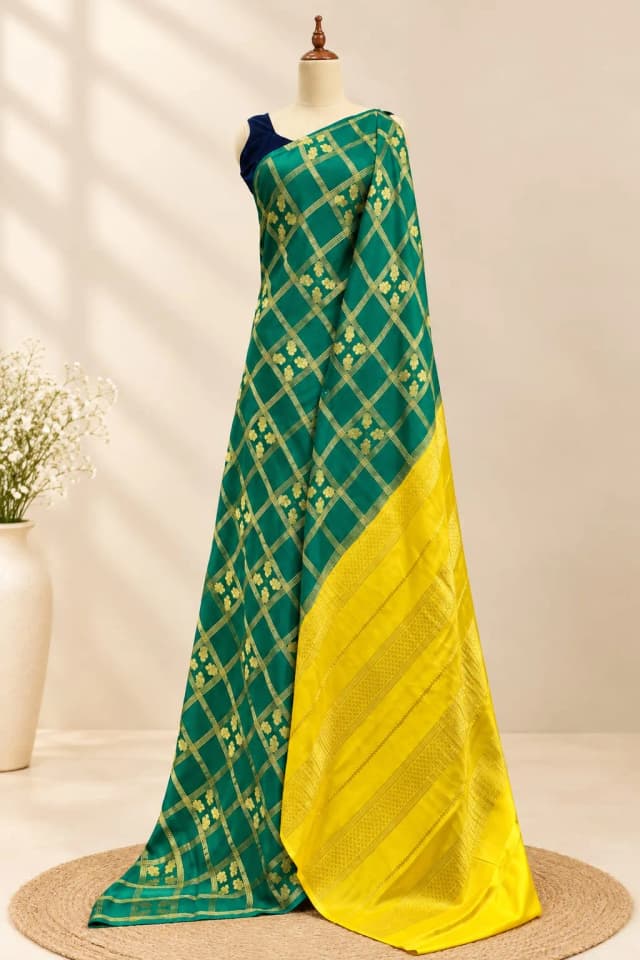 Pure Mysore Silk Crape Saree With Gandaberunda Motifs Green AA321637