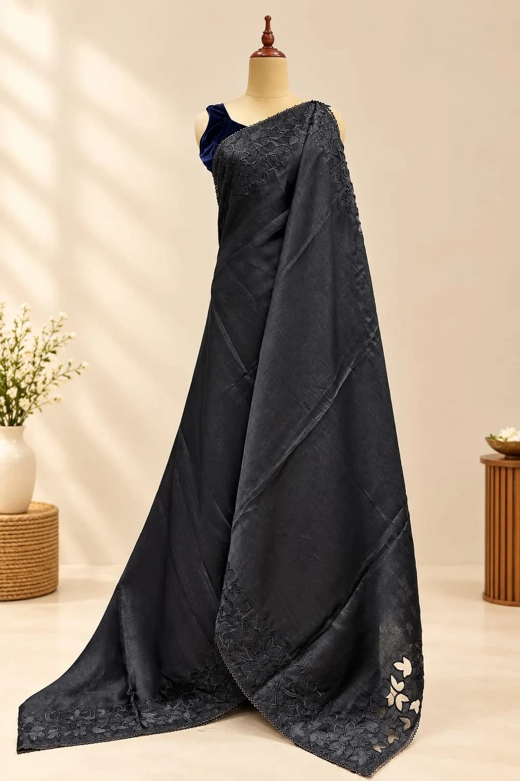 Semi Tussar Saree With Organza Aplic Work Border Black AA320944