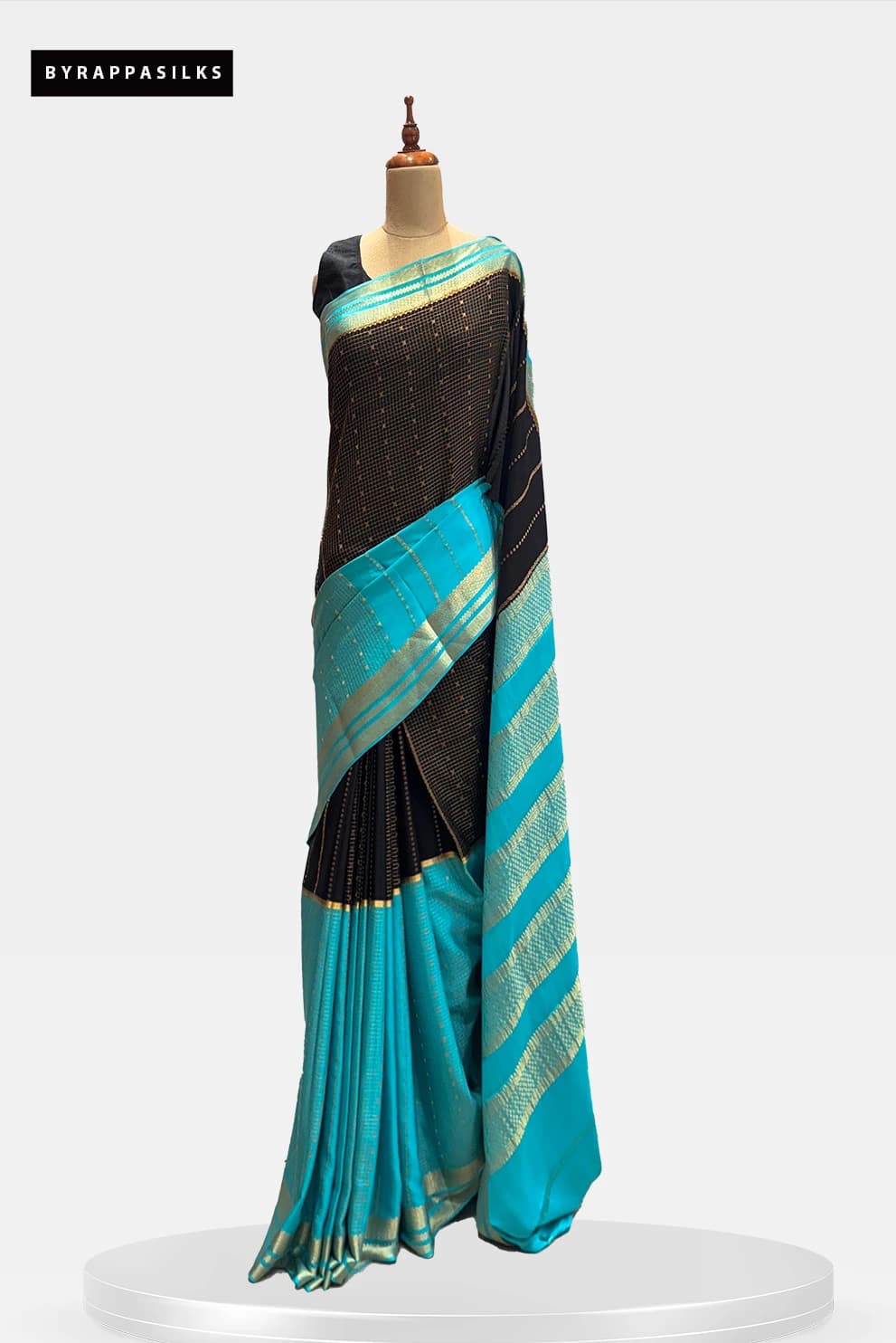 Mysore Silk Pure Crape Black & Cyan QS290723