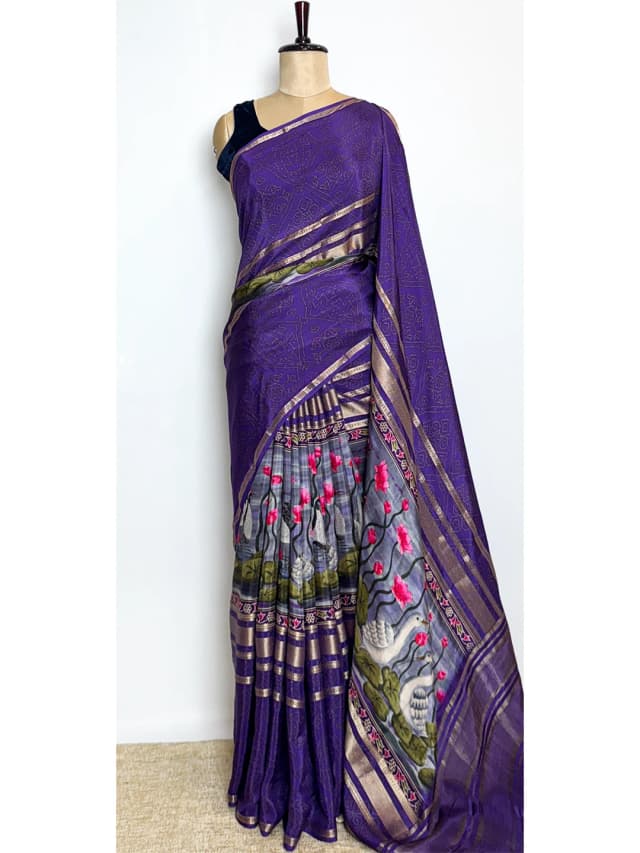 Crape Printed Saree - Purple Colour - QI203004