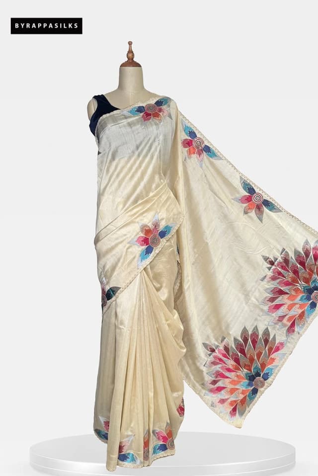 Semi Tussar Saree With Floral Print Cream Colour QS286254