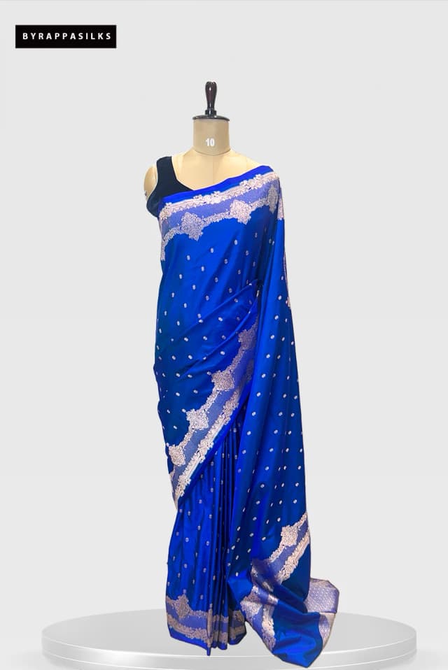 Satin Banarasi Saree Royal Blue With Zari Border  QS279486