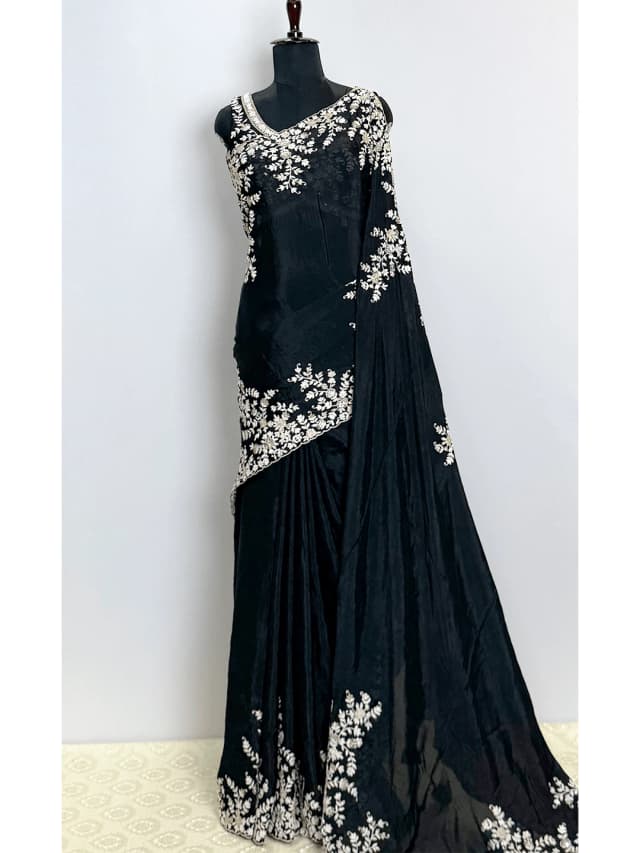 Fancy Designer Saree with 2 Blouse - Black Colour - QS219652
