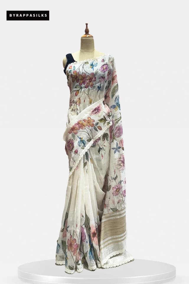 Linen White with Blue and pink Colour floral Print QS283955