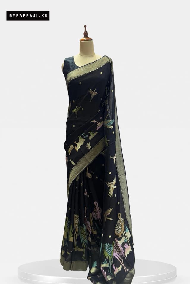 Tussar Saree With Meenakari Work Black Saree with Bird Design QS287712
