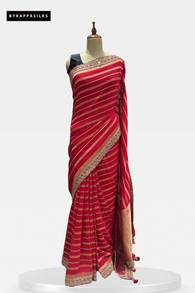 Red & Gold Striped Georgette Saree QS287661