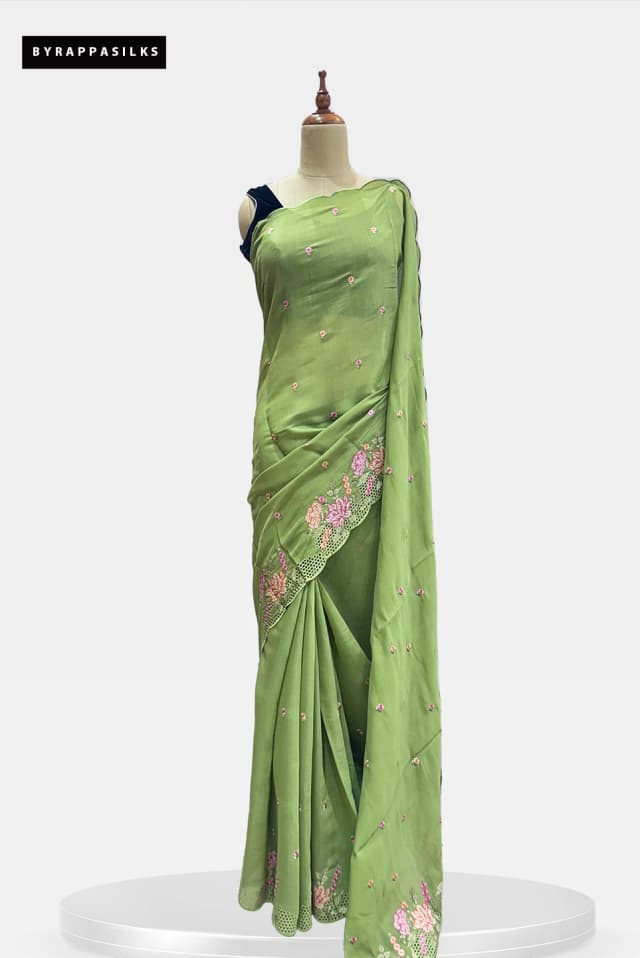 Fancy saree Floral Cutwork Embroidery Green Colour QS287833