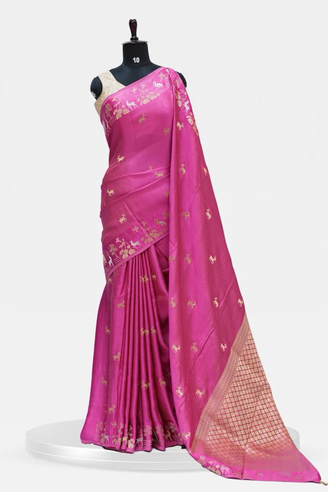 Satin Banarasi Rani Pink Banarasi Silk Saree with Golden Zari Motifs QS253194