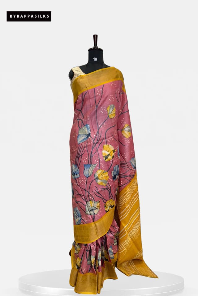 Pure Tussar Saree Pink Floral With Yellow BorderQS276305