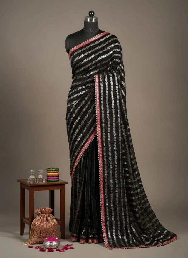 Fancy Elegant Black & Gold Striped Saree with Contrast Red Border QS289951