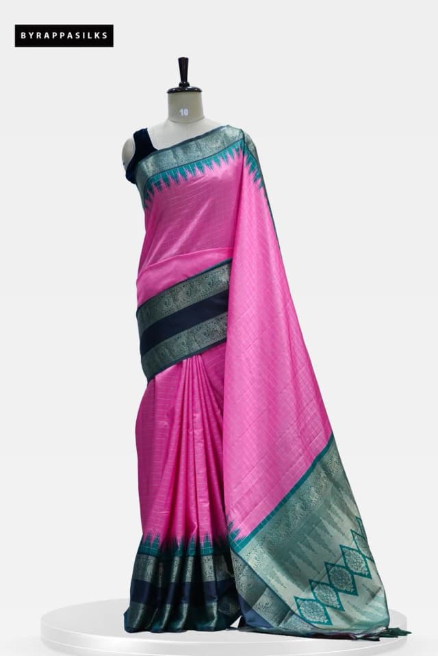 Traditional Tussar Saree Pink with Green & Black Temple Border QS268580