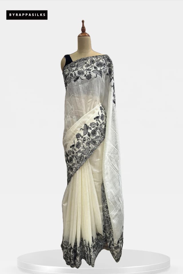 Semi Tussar Saree With Intricate White Floral Embroidery Border QS294195