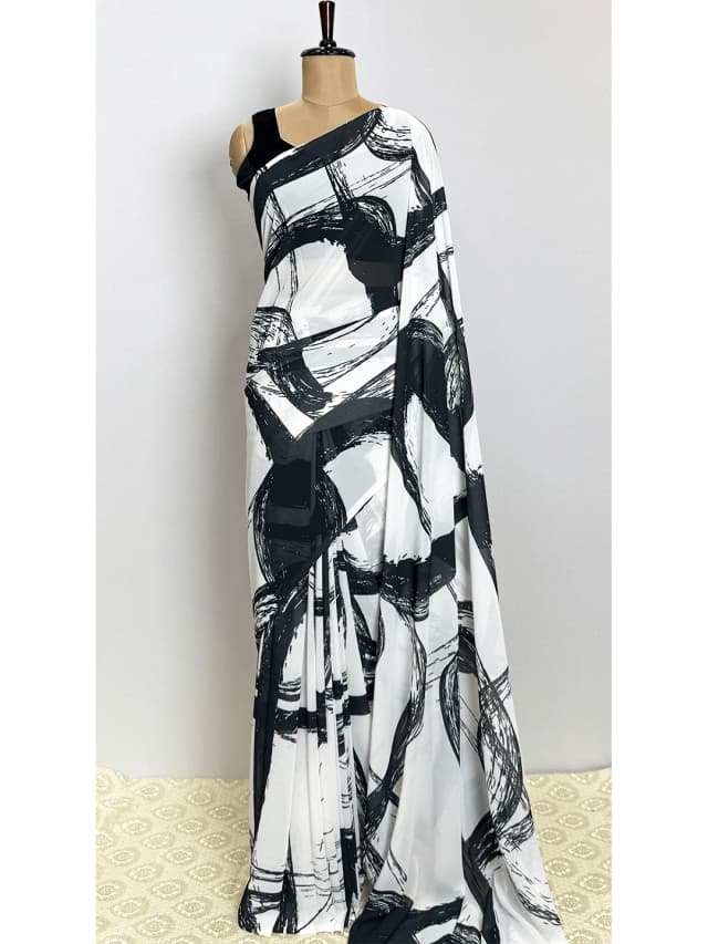 Fancy Saree (Aditya Birla Fabric) - White & Black Colour - QS217074