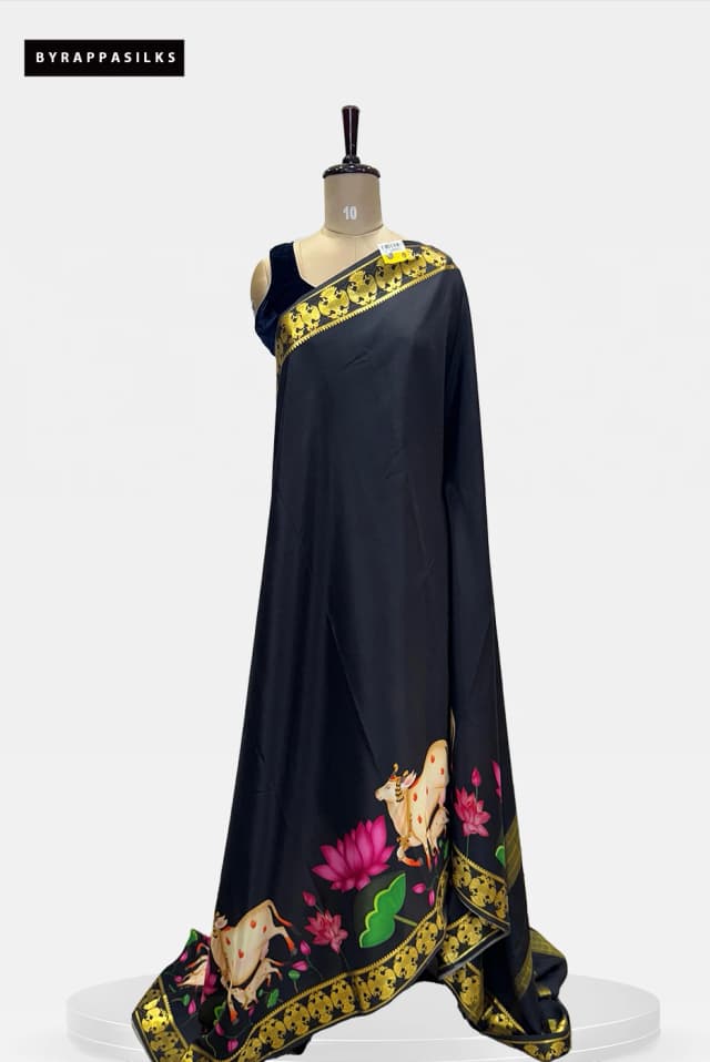 Pure Mysore Silk Saree Pichwai Design Black QS283437