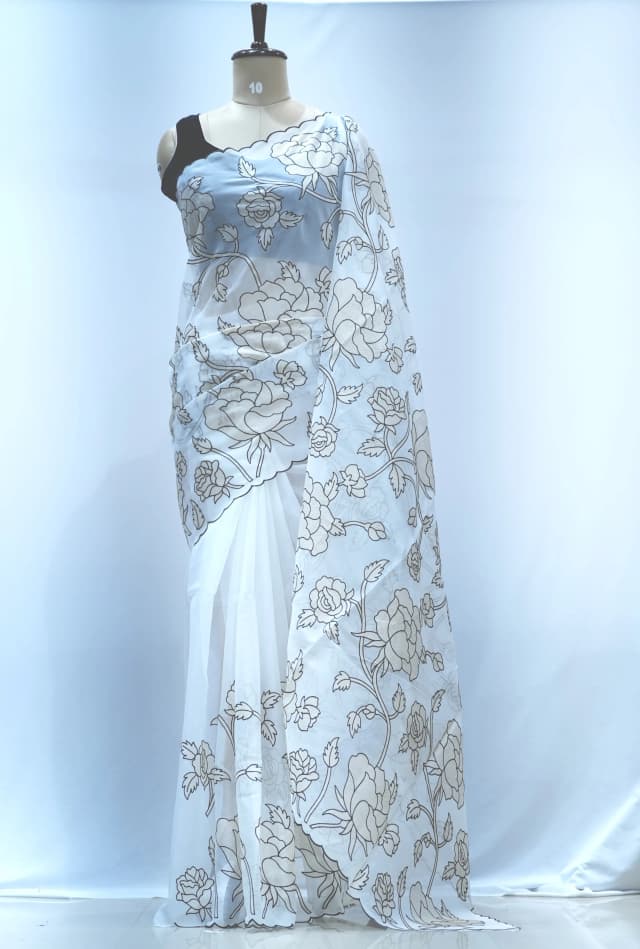 Semi Organza Aplic white black Saree QS254442