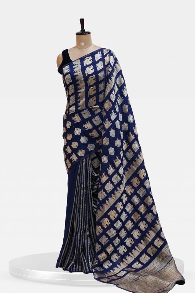 Russian Viscose Saree  Royal Blue with Golden Zari Elephant QS243136