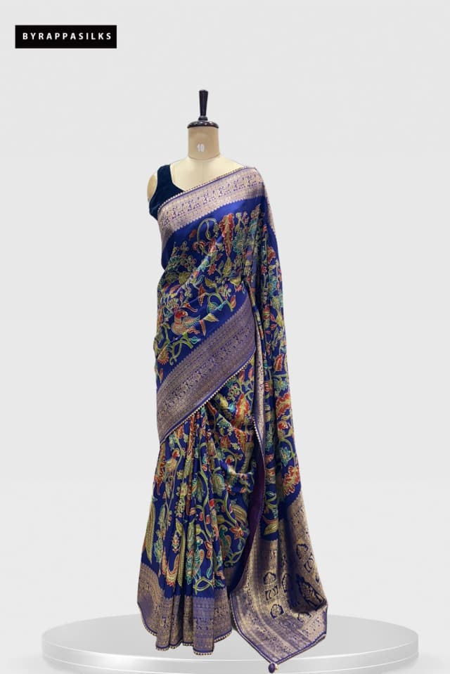 Fancy Banarasi Saree Purple  with Golden Zari & Multicolor Floral Bird Design QS254515
