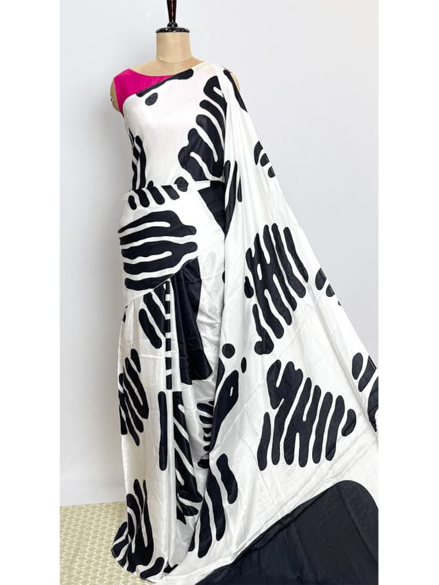 Satin Printed Aditya Birla Fabric - White & Black Colour - QS213525